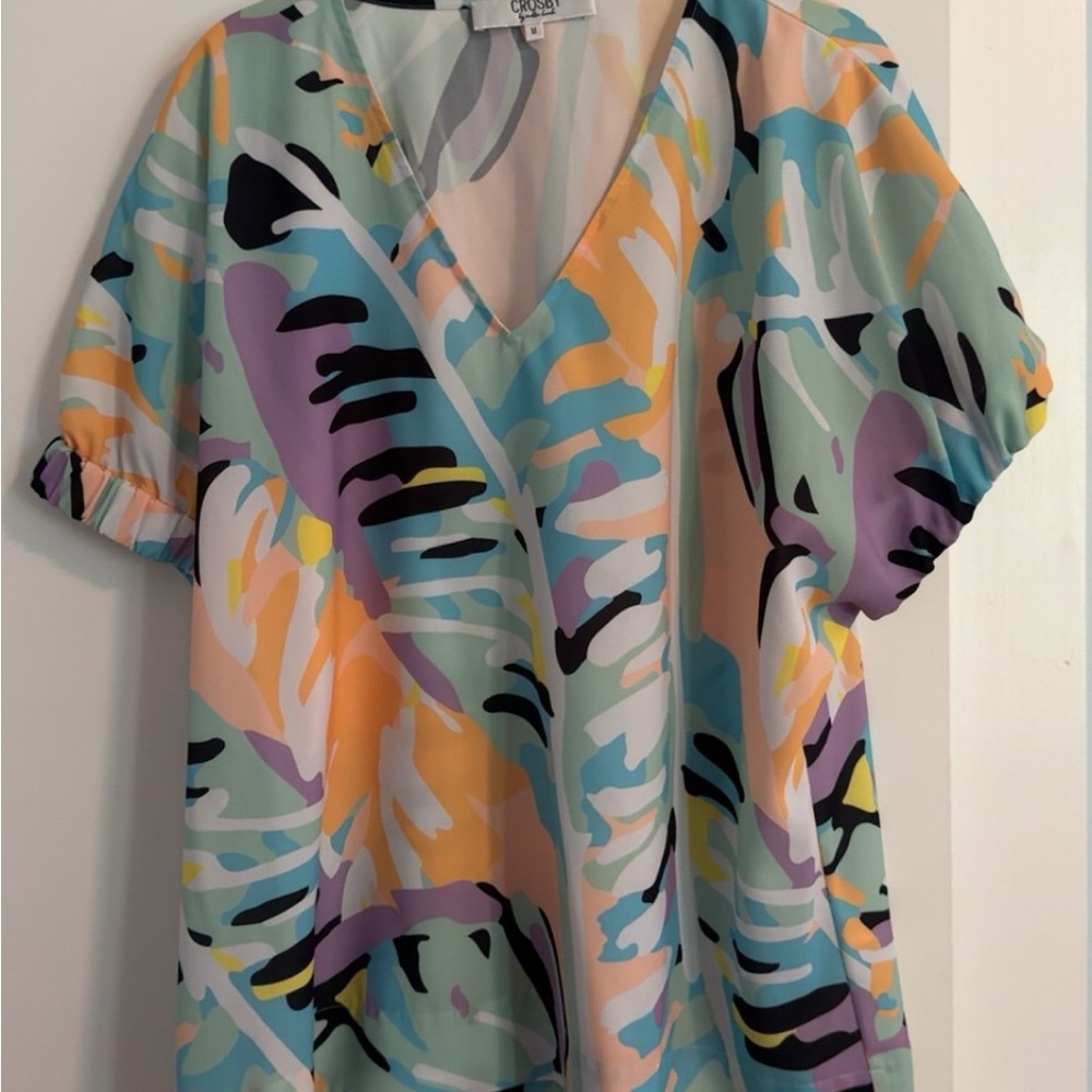 CROSBY by Mollie Burch Colorful Abstract V-Neck Blouse
